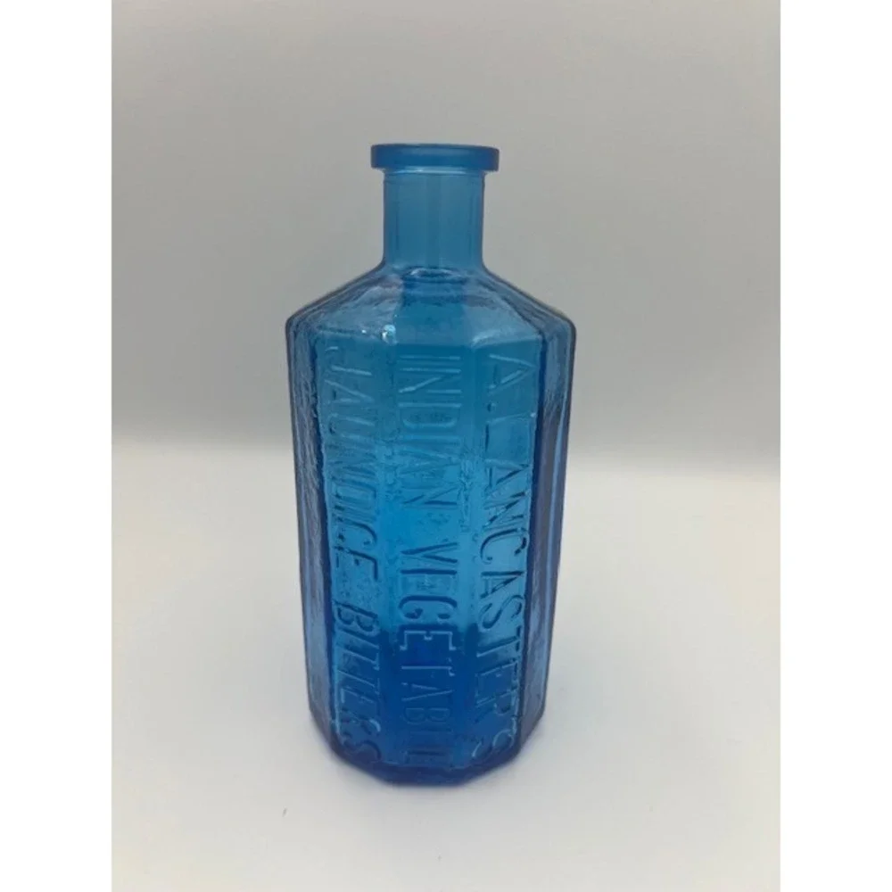 Wheaton Blue Glass A. Lancaster Indian Vegetable Jaundice Bitters Bottle 1852